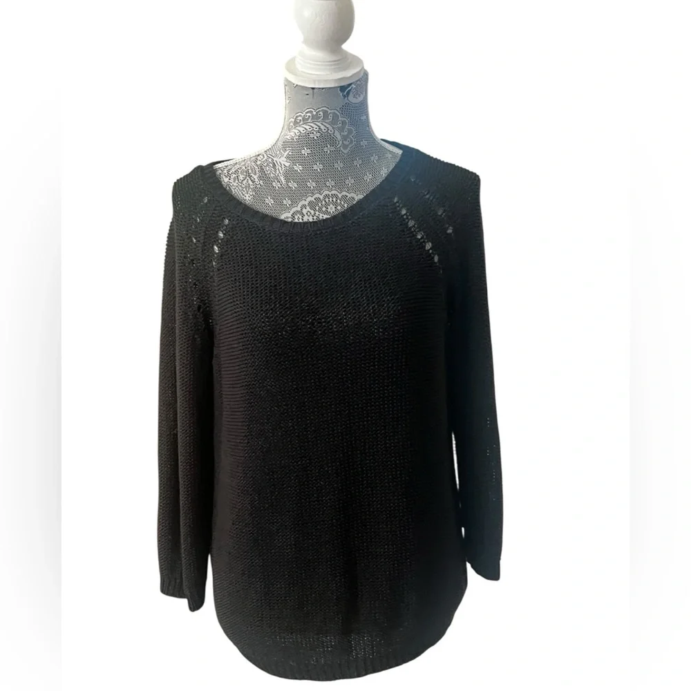 H&M Open Knit Black Sweater Lightweight Crewneck Pullover Medium